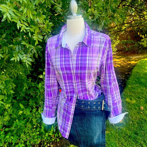 Christopher & Banks Purple Plaid Button Down Shirt - Picture 2 of 8